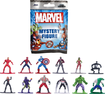 Mystery Figure Marvel saszetka i 12 metalowych figurek kolekcjonerskich Marvela, m.in. Spider-Man, Hulk.