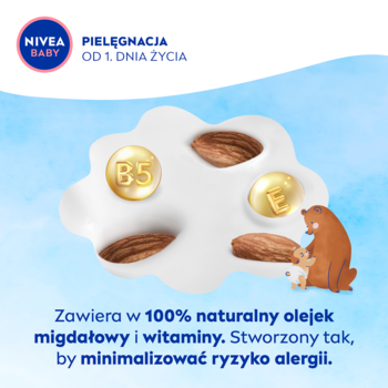 NIVEA BABY Krem Kojący: migdałowy olejek, witaminy B5 i E na białej chmurze, plus dwa misie na niebieskim tle.
