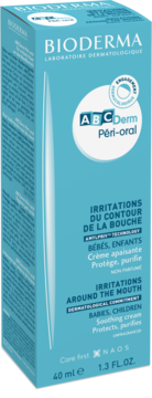 Niebieskie pudełko Bioderma ABCDerm Péri-oral 40ml, krem na podrażnienia wokół ust, widok lekko z boku.