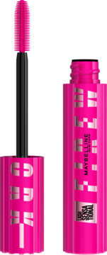 Różowy tusz Maybelline Lash Sensational Firework, otwarta tubka i różowa silikonowa szczoteczka obok.