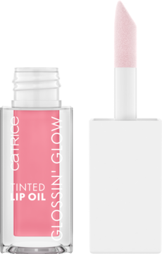 Catrice Glossin' Glow Tinted Lip Oil 010 Keep It Juicy, otwarta butelka z różowym olejkiem i aplikatorem.