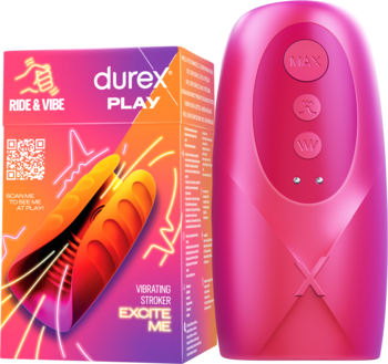 Różowy masturbator Durex Play Vibrating Stroker obok kolorowego opakowania, widok z przodu.