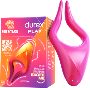 Różowy wibrator Durex Play Multi Teaser obok fioletowo-pomarańczowego pudełka RIDE & TEASE.