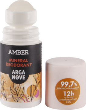 Amber Mineral Deodorant Arganove, biały roll-on z czarną etykietą, obok beżowa nakrętka z napisem 99,7% nat.