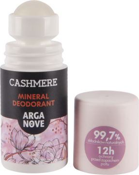 Dezodorant Cashmere Arganove roll-on, biała butelka z brązową etykietą i różową nakrętką z boku, 12h ochrona.