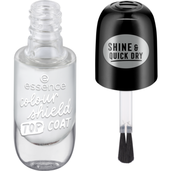 Essence Colour Shield Top Coat do paznokci, przezroczysta butelka z odkręconą czarną nakrętką i pędzelkiem.
