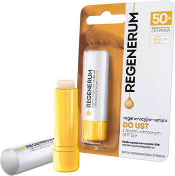 Otwarte serum do ust Regenerum SPF 50+ w żółtej tubce obok żółto-białego opakowania blisterpack.