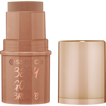 Essence Baby Got Bronze, bronzer w sztyfcie nr 10 Cinnamon Spice, brązowy, otwarty z nakrętką obok.
