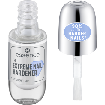 Essence Extreme Nail Hardener, przezroczysta butelka z białym napisem; obok srebrna nakrętka z informacją 90% twardszych paznokci.