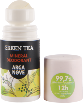 Dezodorant roll-on Arganove Green Tea Mineral, biała butelka z zieloną etykietą, obok zdjęta nakrętka z napisem 12h.