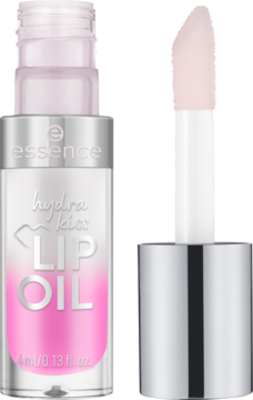 Odżywczy olejek do ust Essence Hydra Kiss z aplikatorem. Widok butelki i pędzla z różowym płynem, lśniące wykończenie.