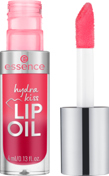 Olejek Essence Hydra Kiss Lip Oil 03 pink champagne, otwarta butelka z różowym aplikatorem, lśniące wykończenie.