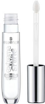 Przezroczysty błyszczyk Essence Extreme Shine Volume z wysuniętym aplikatorem i srebrną nakrętką, butelka z białymi napisami.