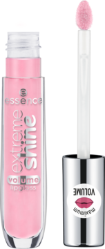 Różowy błyszczyk Essence Extreme Shine Volume z wysuniętym aplikatorem, widoczny tekst i srebrna zakrętka.