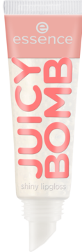 Błyszczyk Essence Juicy Bomb Lovely Litchi, shiny lipgloss w przezroczystej tubce, z różowymi napisami.