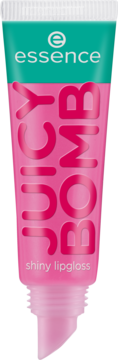 Essence Juicy Bomb shiny lipgloss w różowej tubce z turkusowym wieczkiem, widok z przodu, otwarty aplikator.