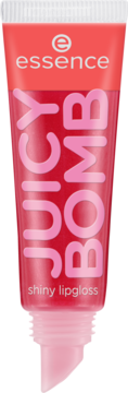 Błyszczyk Essence Juicy Bomb Shiny Lipgloss w przezroczystej tubce z różowo-czerwonym wieczkiem, widok z przodu.