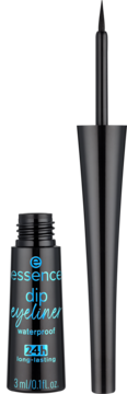 Black Essence waterproof dip eyeliner bottle, open, with applicator, showcasing 24h long-lasting text.