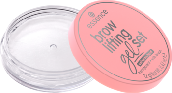 Otwarty Essence Brow Lifting Gel Set: przezroczysty żel do brwi w okrągłym słoiczku z różową pokrywką i pędzelkiem.