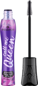Fioletowy tusz Essence Call Me Queen z efektem sztucznych rzęs, czarna szczoteczka obok tubki.