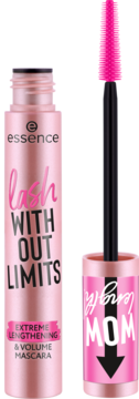 Różowy tusz Essence Lash Without Limits Extreme Lengthening & Volume, otwarta tubka z różową szczoteczką obok.