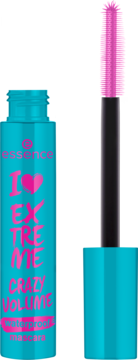 Tusz Essence I Love Extreme Crazy Volume Waterproof, turkusowy flakon, otwarta butelka z różową szczoteczką.