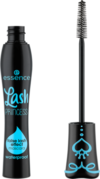 Wodoodporny tusz Essence Lash Princess czarny, efekt sztucznych rzęs, obok butelki wyciągnięta szczoteczka.