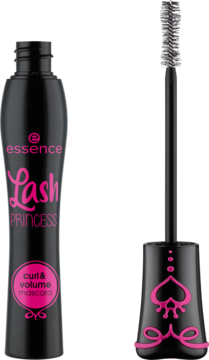 Tusz Essence Lash Princess Curl & Volume w czarnej tubce z różowym wzorem, obok otwarta ze szczoteczką klepsydrową.