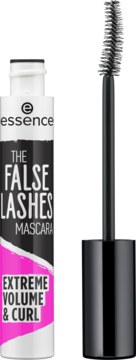 Essence The False Lashes Extreme Volume & Curl mascara w białej tubce z różowym akcentem, widok z przodu z wyjętą szczoteczką.