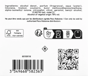 Tył opakowania Paco Rabanne Phantom z listą składników, kodem kreskowym, QR i symbolami recyklingu.