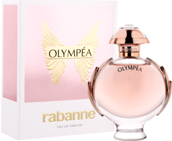 Paco Rabanne Olympea woda perfumowana dla kobiet. Różowy flakon w kształcie lauru i pudełko ze złotym skrzydłem.