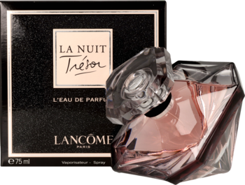 Lancôme La Nuit Trésor woda perfumowana 75ml, butelka w kształcie diamentu i czarne pudełko, widok z przodu.