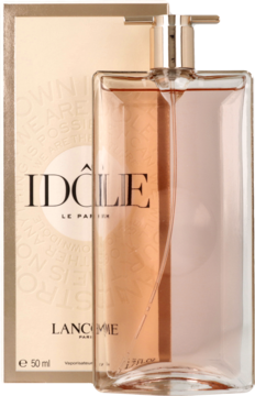 Lancôme Idôle Eau de Parfum: cienka butelka z różowo-złotym płynem i widok opakowania 50ml w tle.