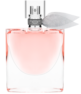 Flakon perfum Lancôme La Vie Est Belle z delikatnie różowym płynem, srebrny atomizer i kokardka z organzy, przód.