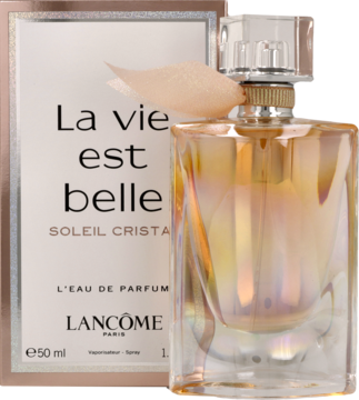 Lancôme La Vie Est Belle Soleil Cristal, iryzująca butelka perfum z różową kokardką, obok białe pudełko.