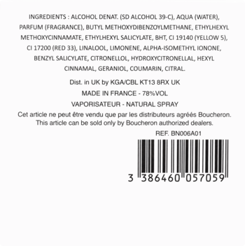Tył opakowania Boucheron Place Vendome, z listą składników, kodem kreskowym i napisem 'Made in France'.