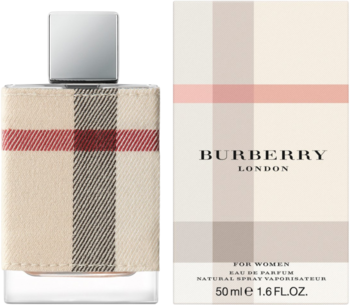 Burberry London for Women damska woda perfumowana, beżowa butelka w kratkę obok dopasowanego pudełka.