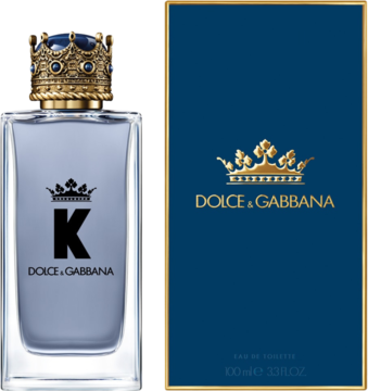 K by Dolce & Gabbana EDT. Szara butelka ze złotą koroną i granatowe pudełko z logo DG, widok z przodu.
