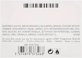 Biały tył pudełka Givenchy Ange ou Démon perfum EDP, z nadrukowaną listą składników i kodami kreskowymi.