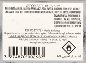 Tył flakonu Givenchy z etykietą ze składem, kodem kreskowym i napisem Made in France, symbol ognia.