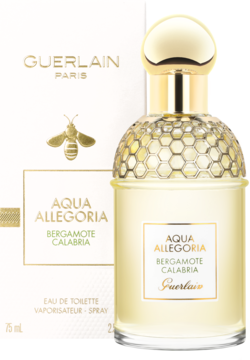 Guerlain Aqua Allegoria Bergamote Calabria woda toaletowa, złoty flakon z miodowym wzorem, przed białym pudełkiem z pszczołą.