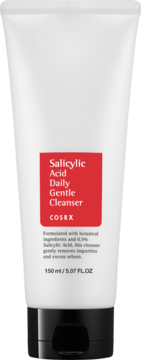 Biała tubka Cosrx Salicylic Acid Daily Gentle Cleanser 150ml, z czerwoną etykietą, na białym tle, widok z przodu.