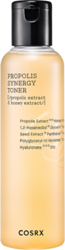 Tonik COSRX Propolis Synergy w wysokiej, bursztynowej butelce z czarnym korkiem. Wzbogacony ekstraktem propolisu i miodu, widok z przodu.