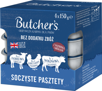 Butcher's Soczyste Pasztety dla psów, niebieska multipaka 4x150g, bez zbóż, z jagnięciną, kurczakiem, wołowiną.