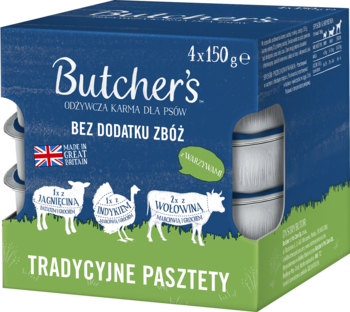 Niebiesko-zielone opakowanie karmy Butcher's Tradycyjne Pasztety dla psów, bez zbóż, z trzema rodzajami mięs.
