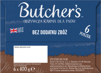 Butcher's, 6 puszek bezzbożowej karmy dla psów, niebieskie opakowanie z flagą UK, widok z przodu.