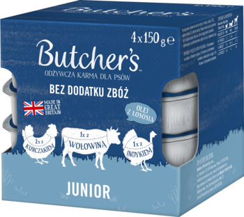 Butcher's Junior karma dla szczeniąt 4x150g, bez zbóż, niebieskie pudełko z ikonami mięs, widok przód.