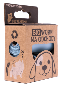 Frontowe ujęcie kartonowego pudełka BIO worków na odchody dla psów, z niebieskimi rolkami i napisem Bez Plastiku.