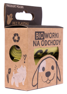 Opakowanie BIO worków na odchody StarchBag z widocznymi zielonymi rolkami w brązowym kartonie.