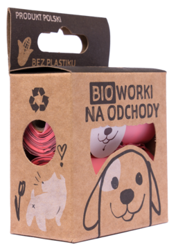 Brązowe kartonowe opakowanie BIO worków na odchody z psem i napisem „BEZ PLASTIKU”, z widocznymi różowymi rolkami.